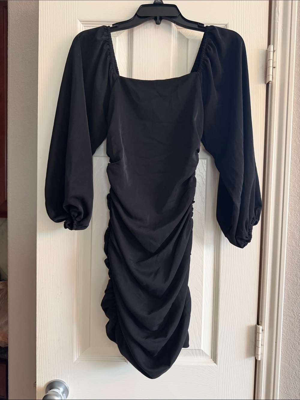 Black Ruched Puff-Sleeve Midi Dress